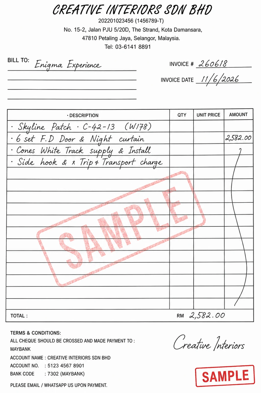 Handwritten supplier invoice — Creative Interiors Sdn Bhd